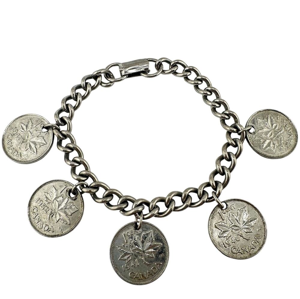 Vintage Canadian Coins Maple Leaf 1941 to 1952 Silver Tone Charm 6.5" Bracelet